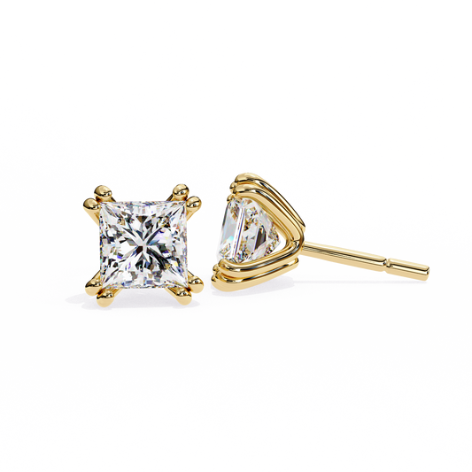 Premium Moissanite Created Princess Cut Diamond Earrings in Classic Gold Prong Mounts - View 2