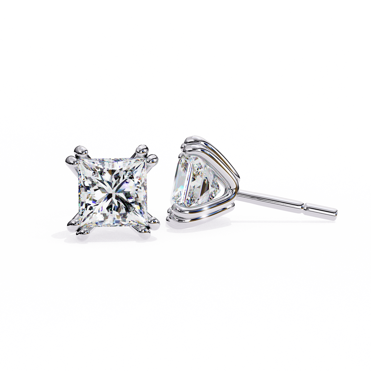 Premium Moissanite Created Princess Cut Diamond Earrings in Classic Gold Prong Mounts - View 4