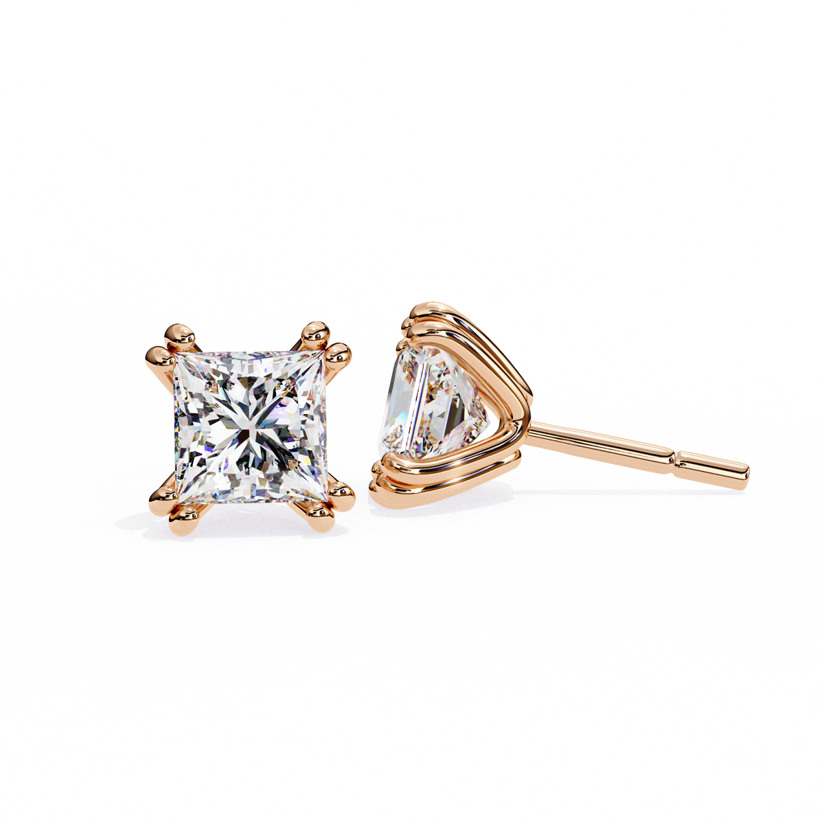 Premium Moissanite Created Princess Cut Diamond Earrings in Classic Gold Prong Mounts - View 3