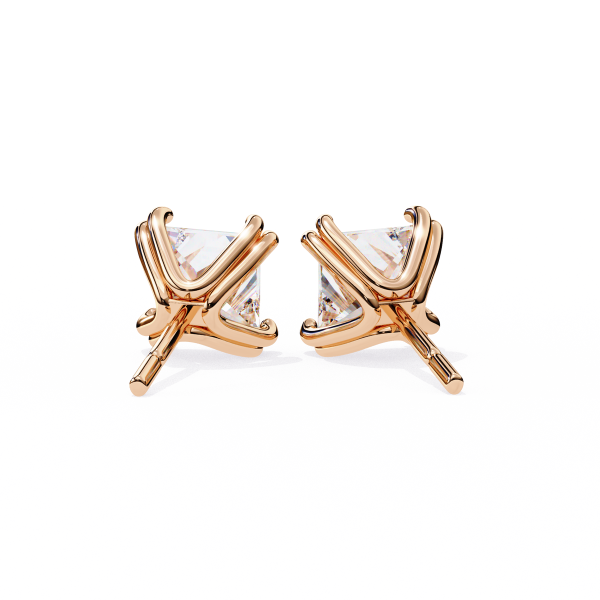 Premium Moissanite Created Princess Cut Diamond Earrings in Classic Gold Prong Mounts - View 9