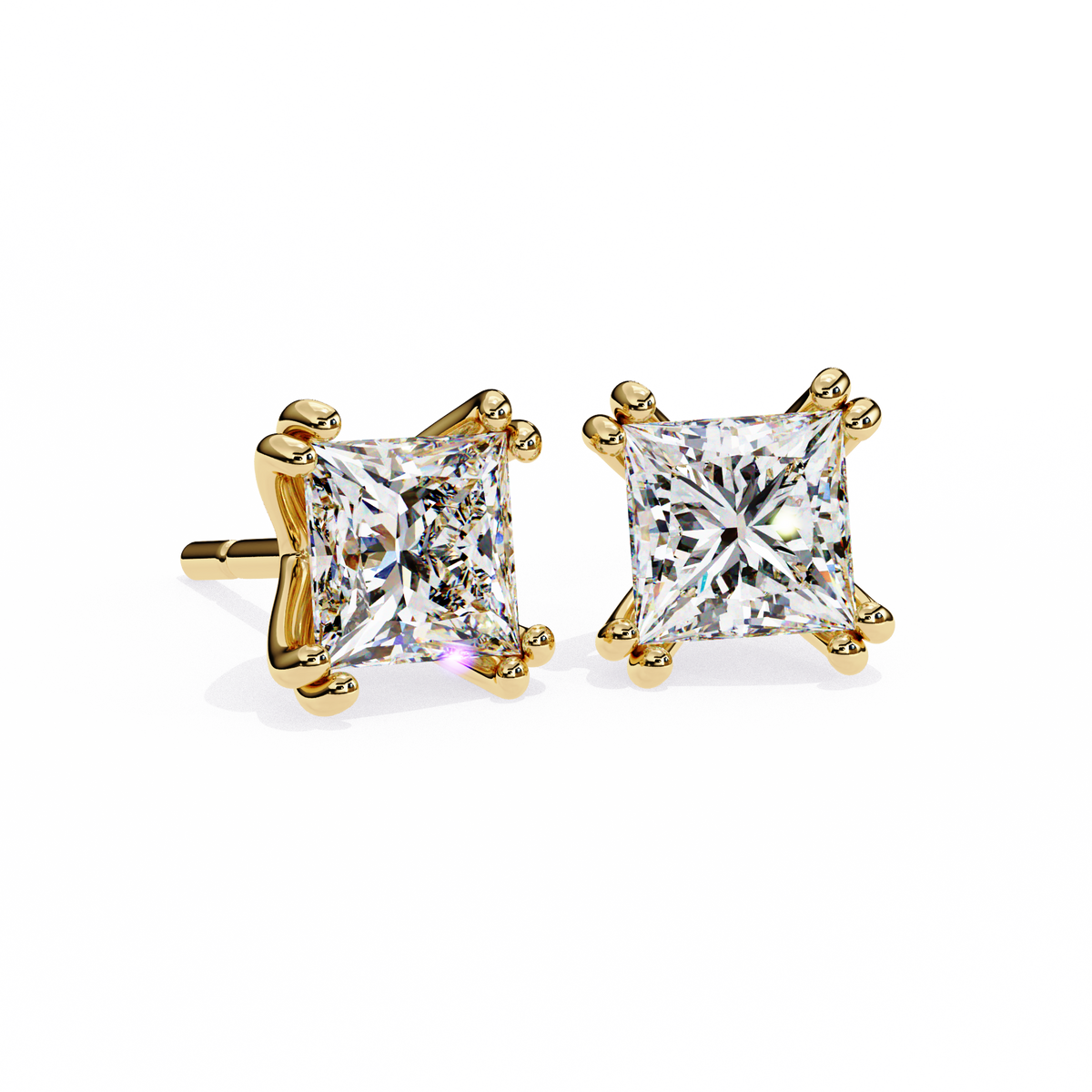 Premium Moissanite Created Princess Cut Diamond Earrings in Classic Gold Prong Mounts - View 5