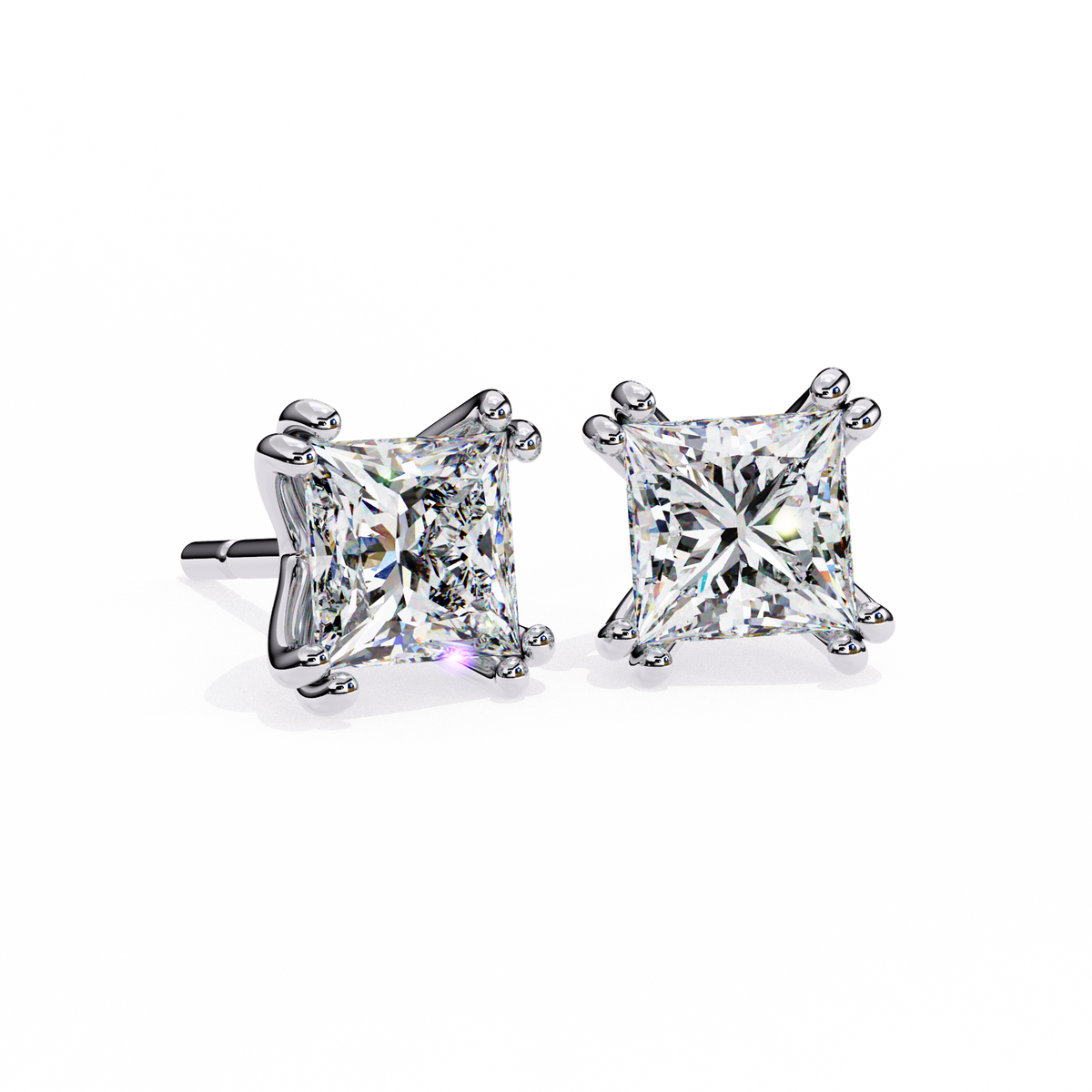 Premium Moissanite Created Princess Cut Diamond Earrings in Classic Gold Prong Mounts - View 7