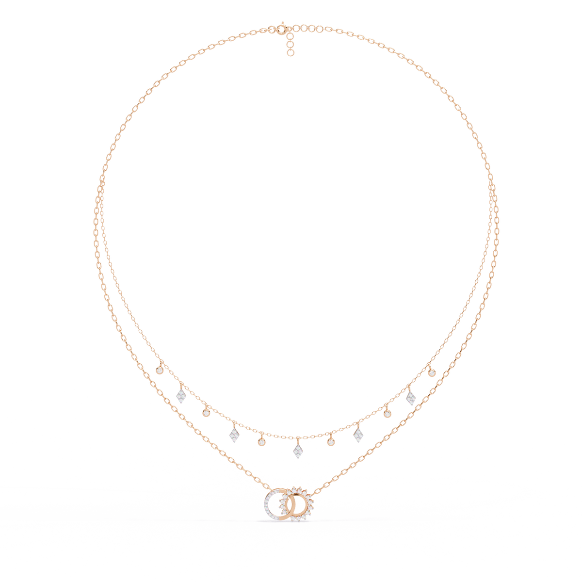 Interlocking Circle Moissanite Diamond Necklace with Double Layered Chain Design - View 3