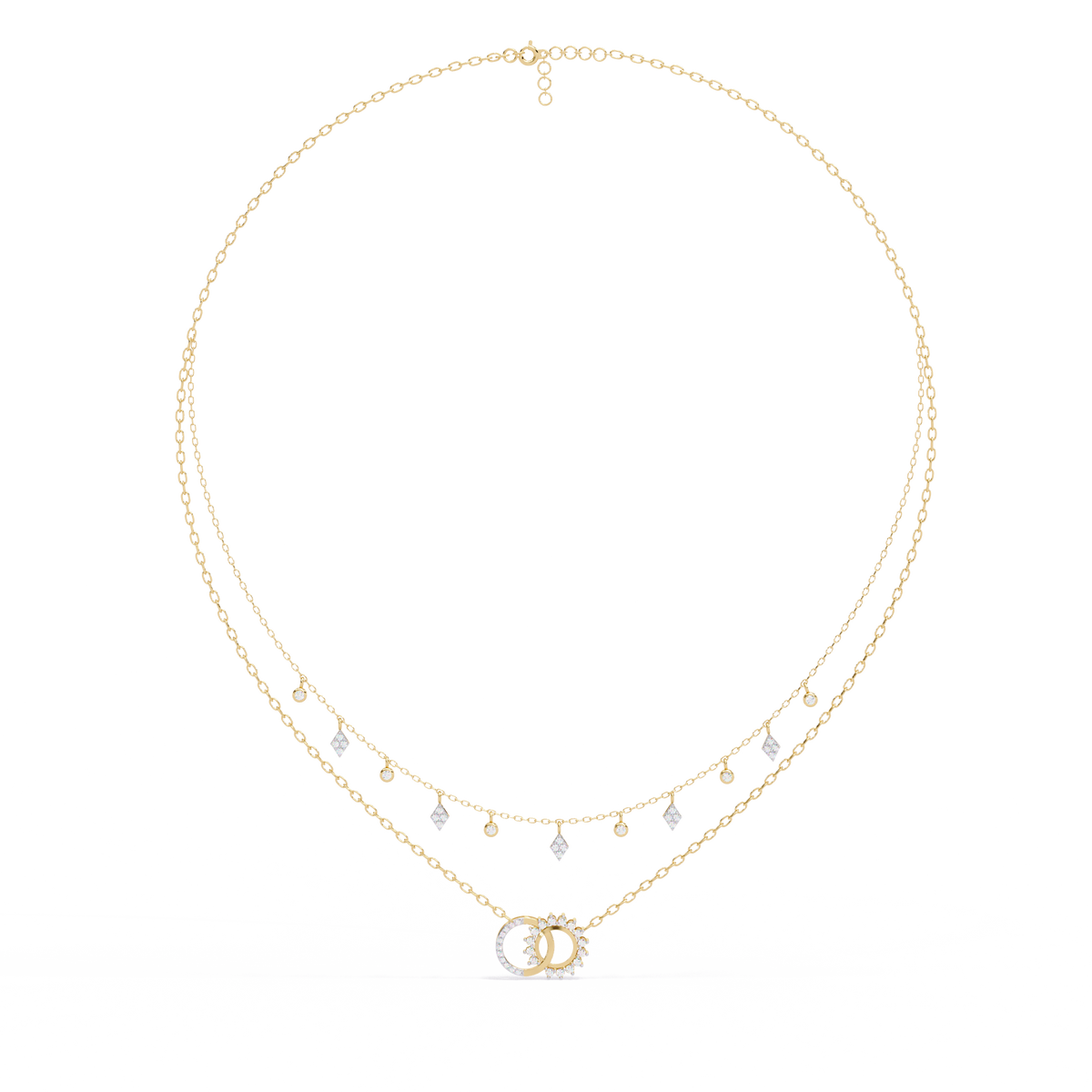 Interlocking Circle Moissanite Diamond Necklace with Double Layered Chain Design - View 2