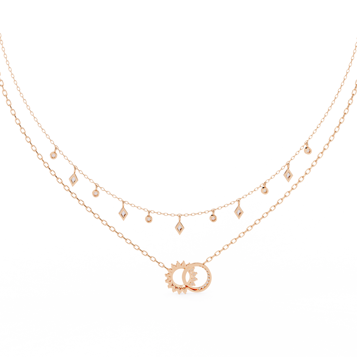 Interlocking Circle Moissanite Diamond Necklace with Double Layered Chain Design - View 6