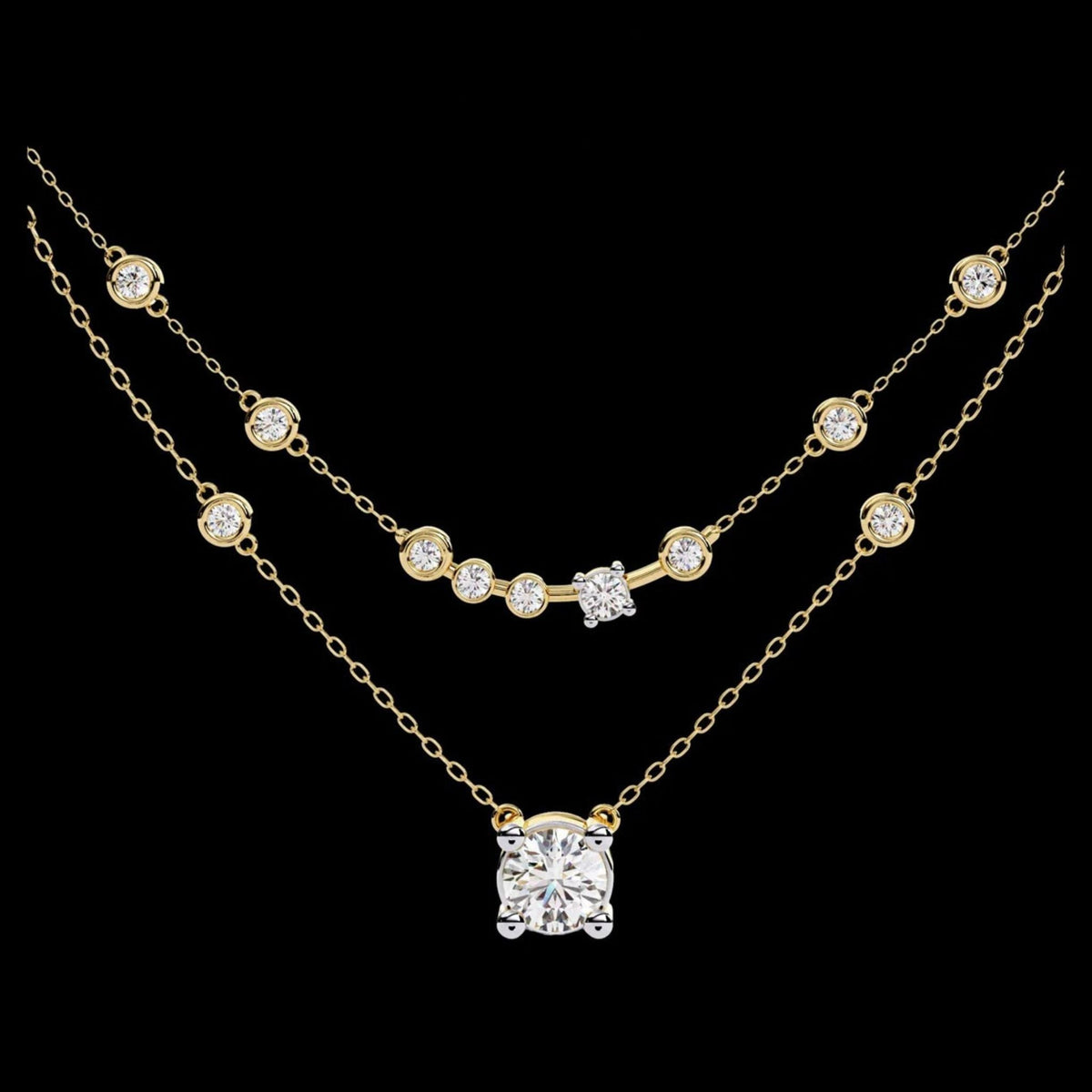 Double Layer Necklace with Round Moissanite Solitaire