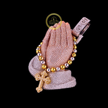 New Moissanite Praying Hands Cross Pendant in three tone by Ivevar.