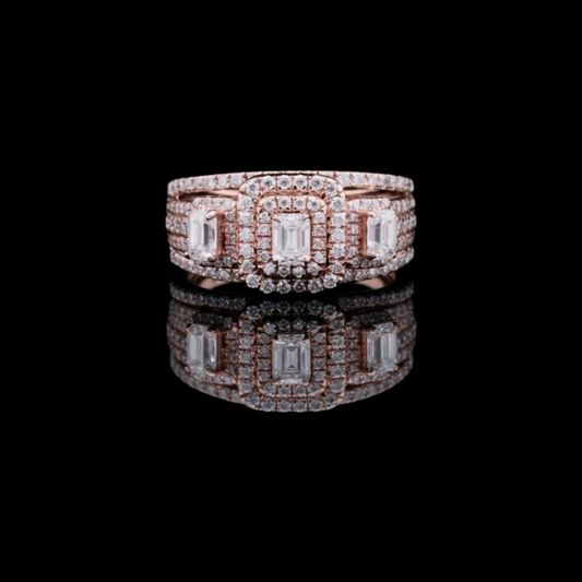 Three Stone Emerald Cut Lab Diamond With Double Halo Anniversary Ring