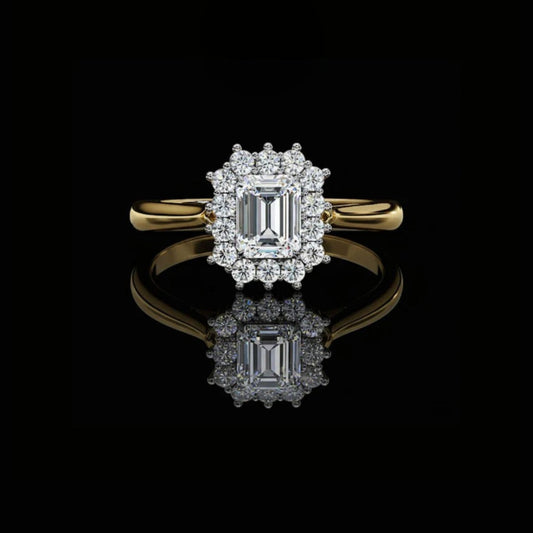 Emerald Cut Scalloped Halo Moissanite Diamond Ring