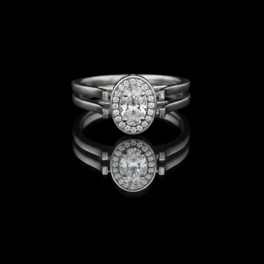 Oval Cut Split Shank Halo Ring In Moissanite Diamond
