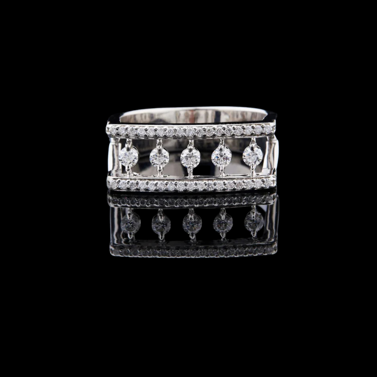 Round Cut Open Frame Floating Moissanite Diamond Statement Band Ring