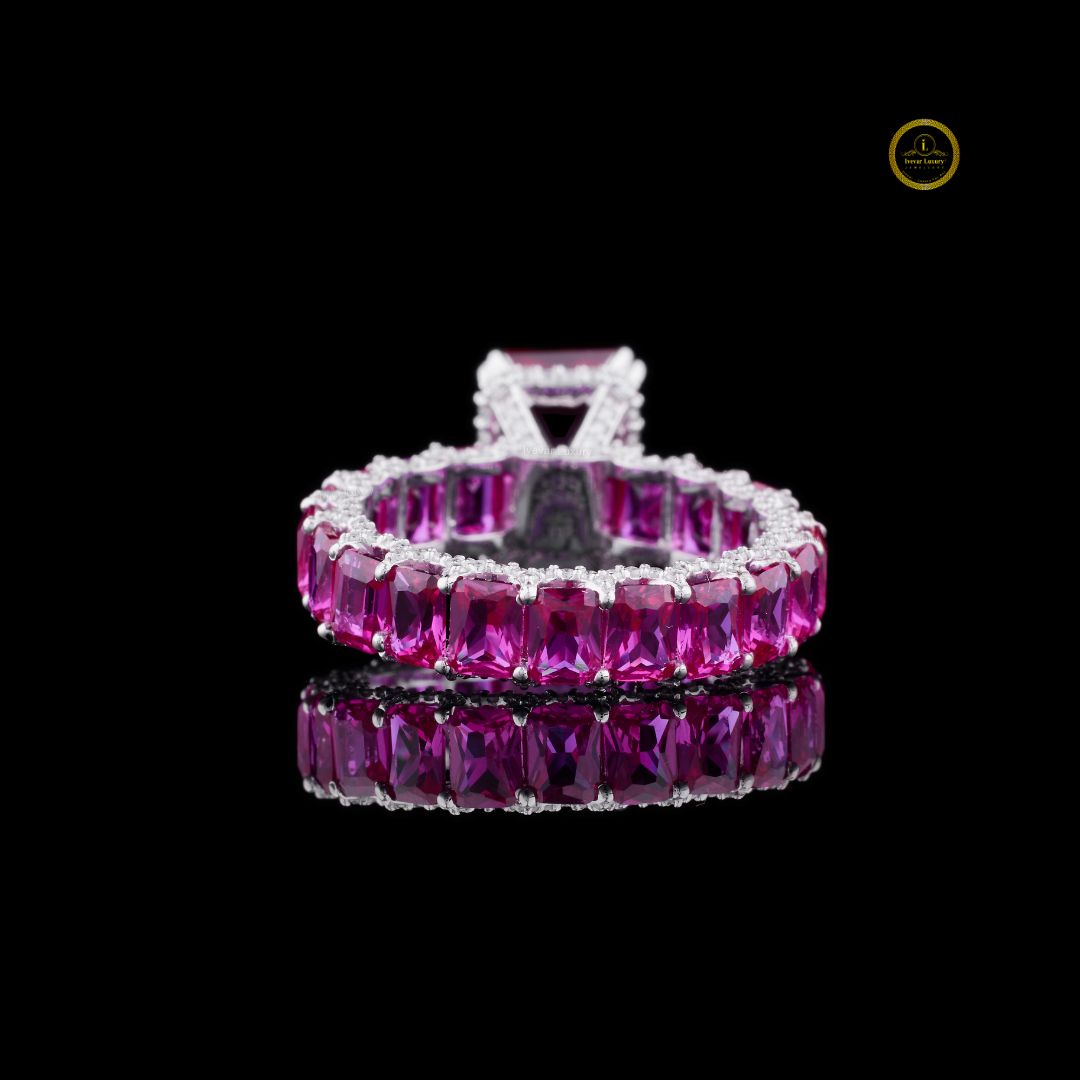 Emerald Cut Pink Moissanite Diamond Full Eternity Gemstone Eternity Band - View 4