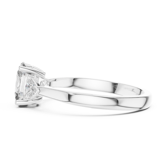 Three Stone Oval Cut Lab Diamond Engagement Ring With Trillion Sidestone - View 2