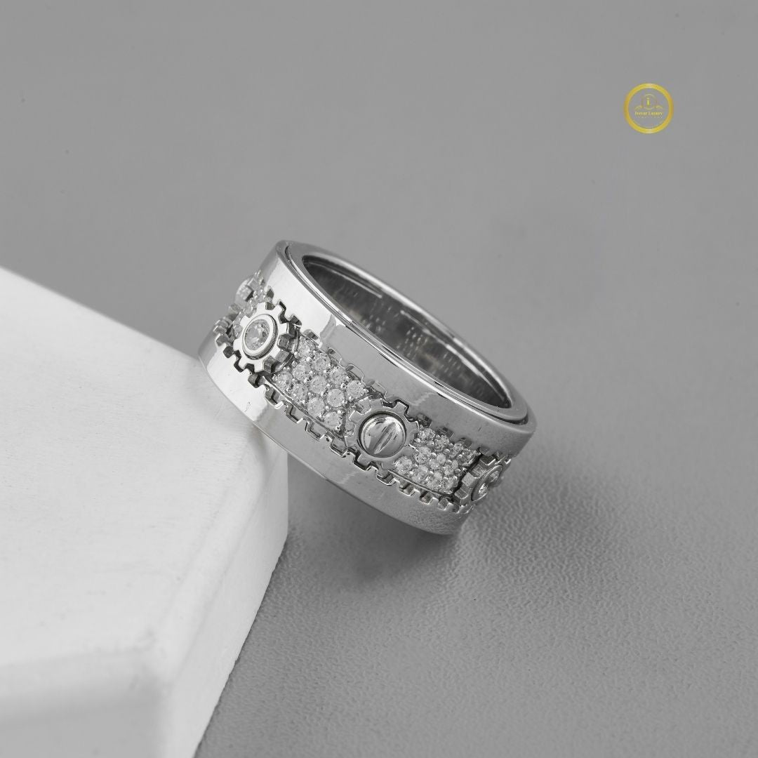 Wide Pave Round Cut Moissanite Diamond Statement Band with Bezel Accents - View 2