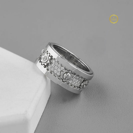 Wide Pave Round Cut Moissanite Diamond Statement Band with Bezel Accents - View 2