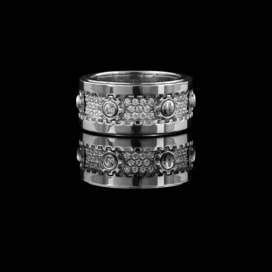 Wide Pave Round Cut Moissanite Diamond Statement Band with Bezel Accents
