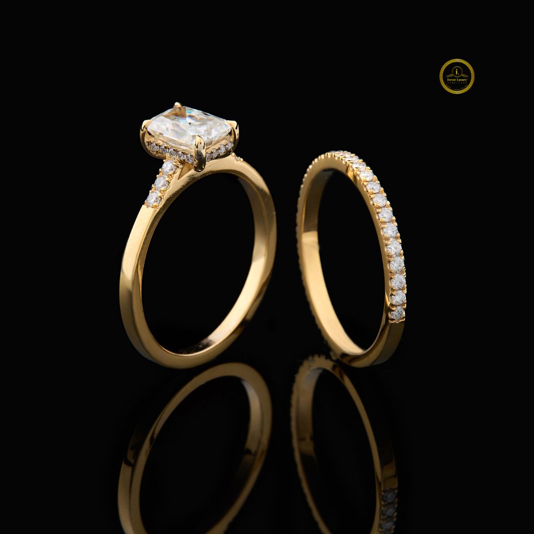 Radiant Cut Moissanite Diamond Women's Architectural Solitaire Pave Band Set - View 2