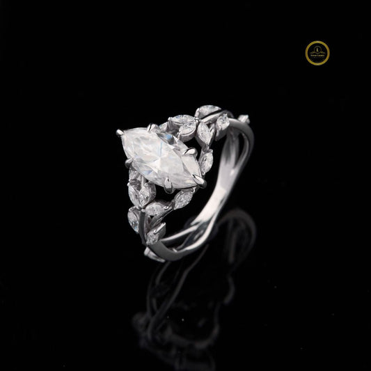Marquise Cut Moissanite Diamond Solitaire Vine Ring with Leaf Accents - View 2