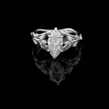 Marquise Cut Moissanite Solitaire Vine Ring with Leaf Diamond Accents