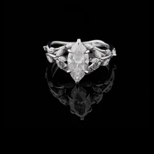 Marquise Cut Moissanite Diamond Solitaire Vine Ring with Leaf Accents