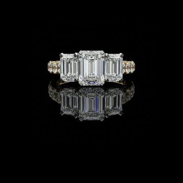 Three Stone Emerald Moissanite Diamond Engagement Ring With Emerald Side Stone
