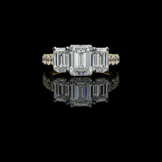 Three Stone Emerald Moissanite Diamond Engagement Ring With Emerald Side Stone
