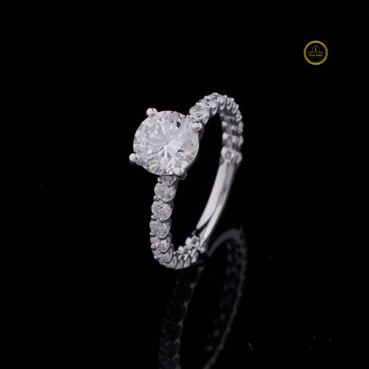 Round Cut Moissanite Diamond Pave Band Engagement Ring - View 2