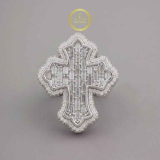 1.70 CT Intricately Crafted Baguette Moissanite Diamond Cross Pendant with Sparkling Pave Halo Detailing