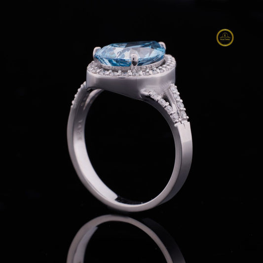 Fancy Intense Blue Pear Cut Moissanite Diamond Halo Split Shank Ring - View 2