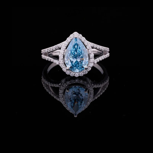 Fancy Vivid Blue Pear Moissanite Diamond With Halo Split Pave Band