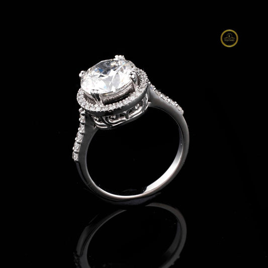 Round Halo Moissanite Diamond Ring with Pave Band - View 2