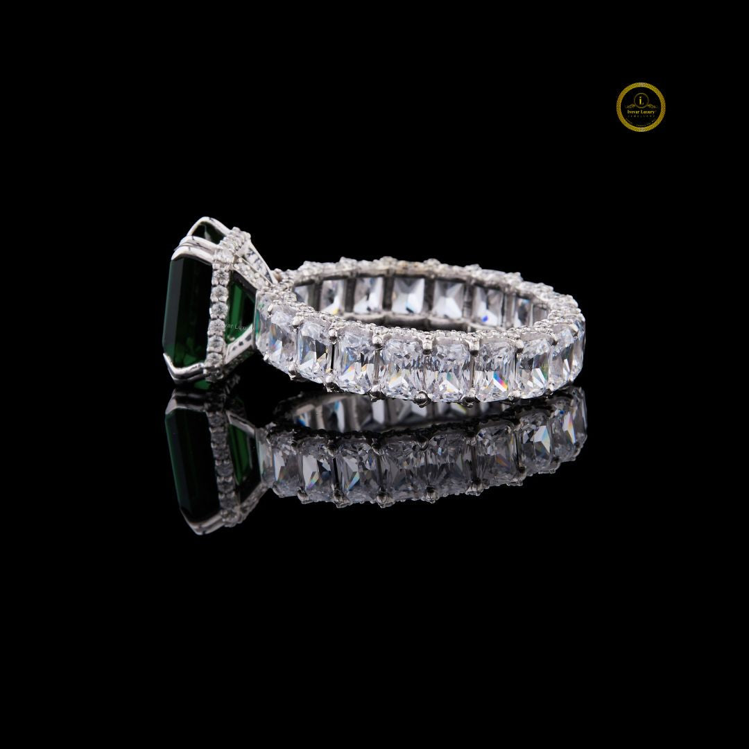 Green Radiant Moissanite Diamond Wedding Band With Side Stone Eternity Ring - View 3
