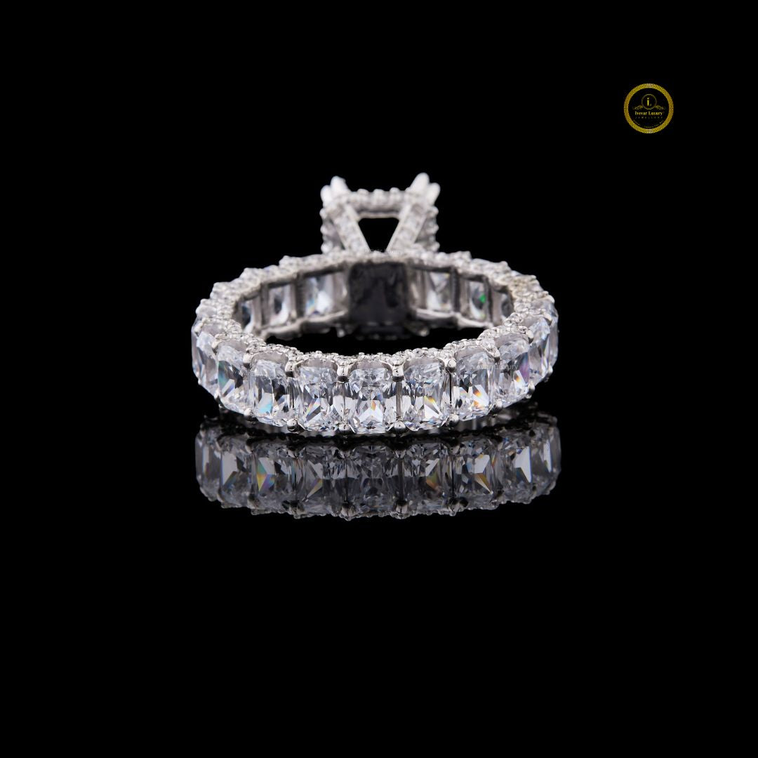 Green Radiant Moissanite Diamond Wedding Band With Side Stone Eternity Ring - View 4