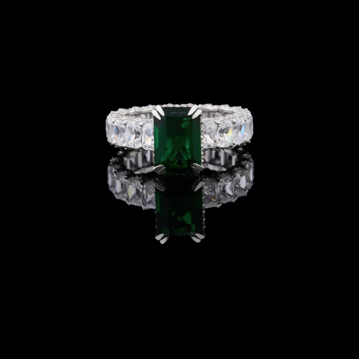 Green Radiant Moissanite Diamond Wedding Band With Side Stone Eternity Ring