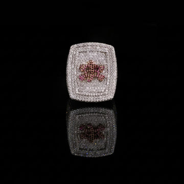 2.70 TCW Exquisite Round Moissanite Diamond Statement Ring Featuring Pave Diamonds & Vibrant Pink Floral as a Centerpiece