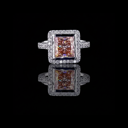 Fancy Vivid Brown Princess Moissanite Diamond Ring Halo Pave Band