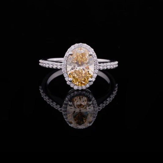 Fancy Vivid Yellow Oval Moissanite Diamond Halo Anniversary Ring With Pave Setting