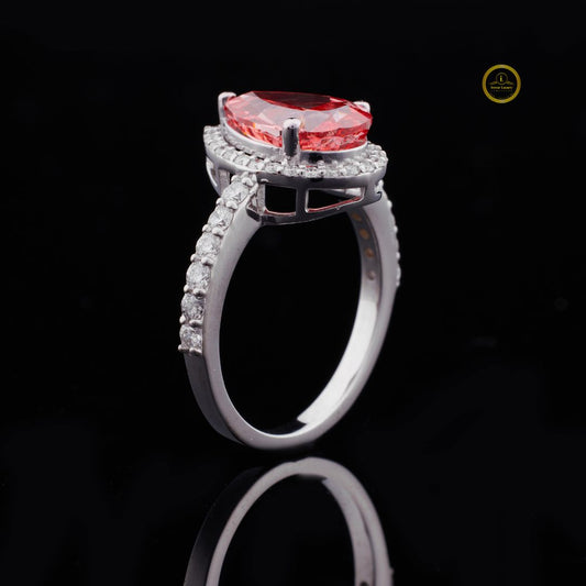 Fancy Vivid Red Pear Moissanite Diamond Pave Halo Ring - View 2