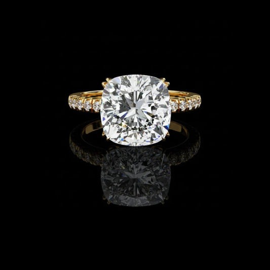 Cushion Cut Moissanite Diamond Solitaire Engagement Ring with Pave Diamond Band
