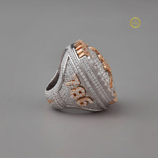 5.30 TCW Majestic Lab Diamond Encrusted Islamic Calligraphy Statement Ring with Emerald Halo Detailing