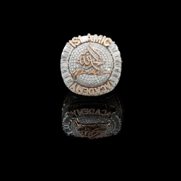5.30 TCW Majestic Moissanite Diamond Encrusted Islamic Calligraphy Statement Ring with Emerald Halo Detailing