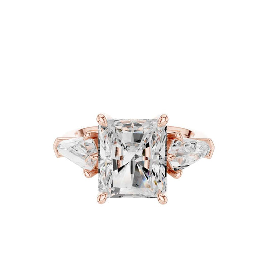 Radiant Moissanite Diamond Three Stone Ring With Kite Side Stones - View 2