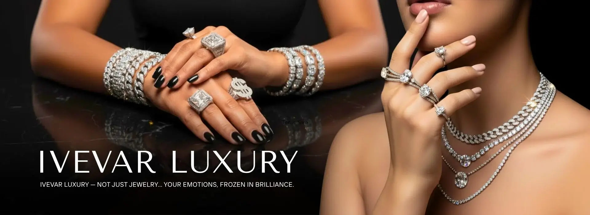 Ivevar Luxury jewelry display with hands wearing various pieces of jewelry on a dark background.
