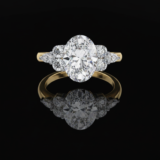 Art Deco Oval Cut Lab Diamond Engagement Ring With Pear Side Stones