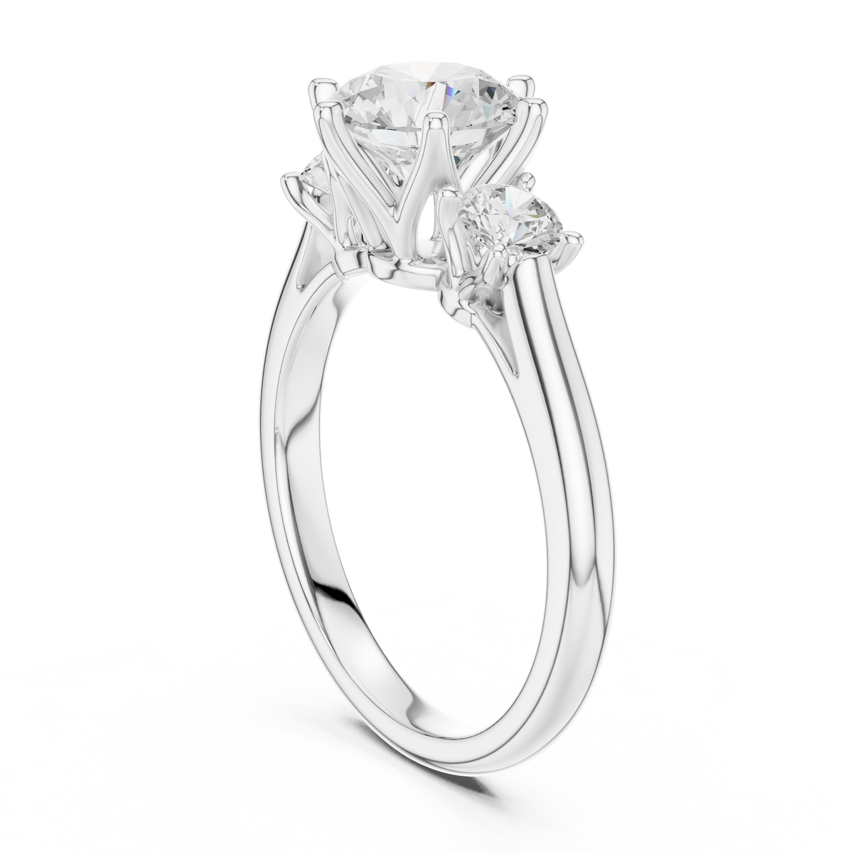 Round Brilliant Cut Three Stone Moissanite Diamond Engagement Ring with Side Stones - View 7