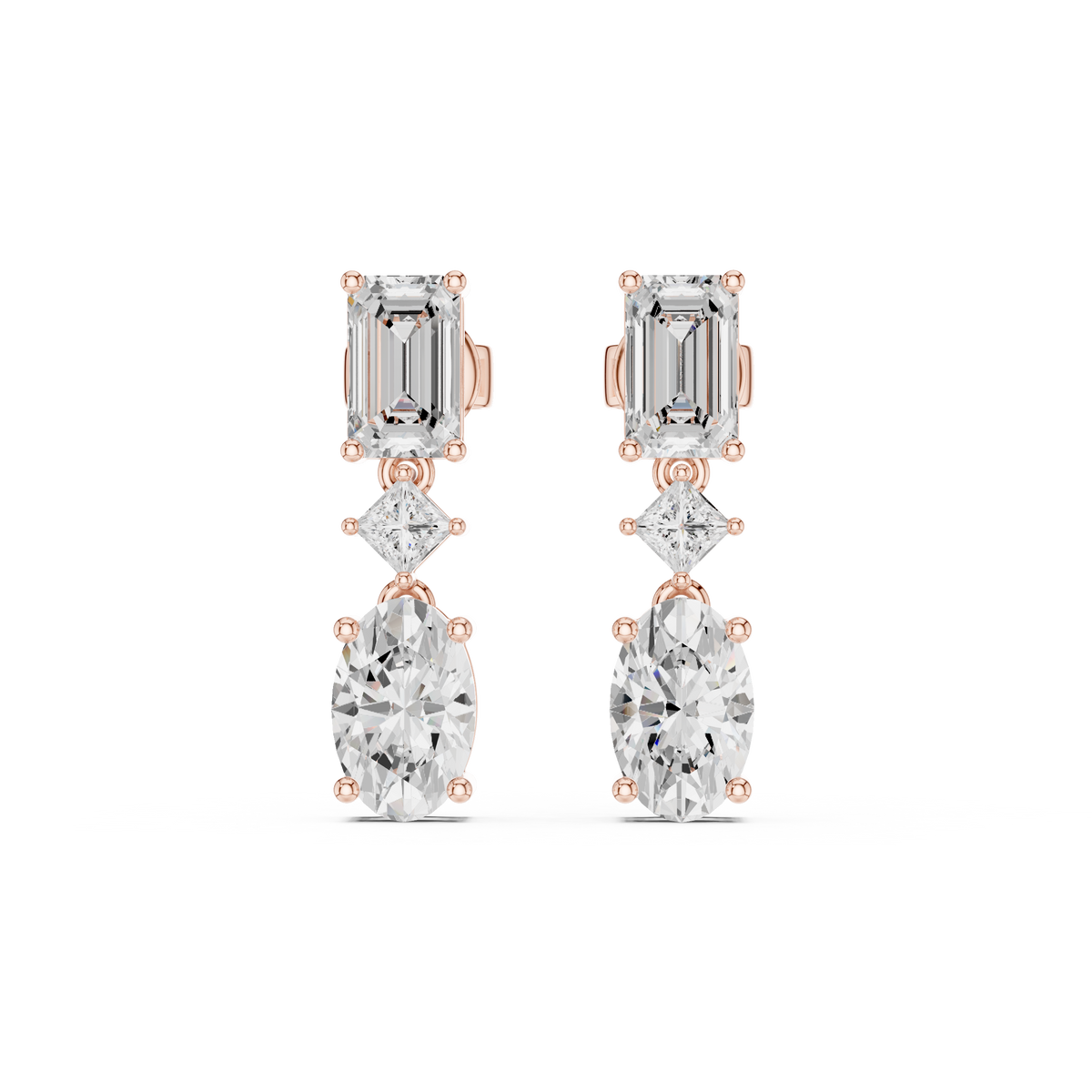 Three Stone Emerald Princess & Oval Moissanite Diamond Linear Drop Earrings - View 2