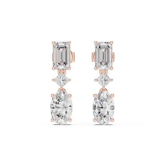 Three Stone Emerald Princess & Oval Moissanite Diamond Linear Drop Earrings - View 2