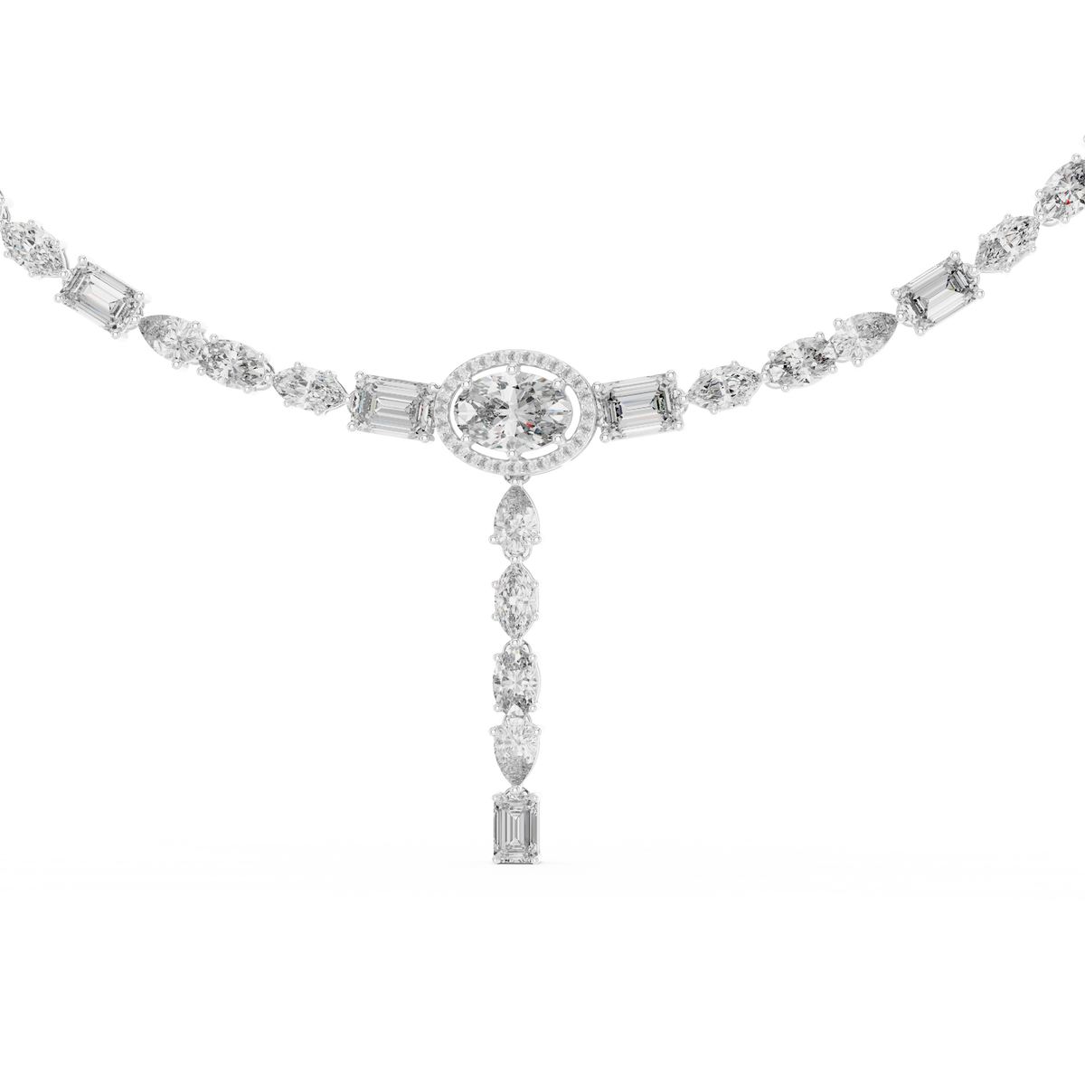 Halo Oval Lab Grown Diamond Y Necklace with Mixed Cut Drop Pendant - View 7