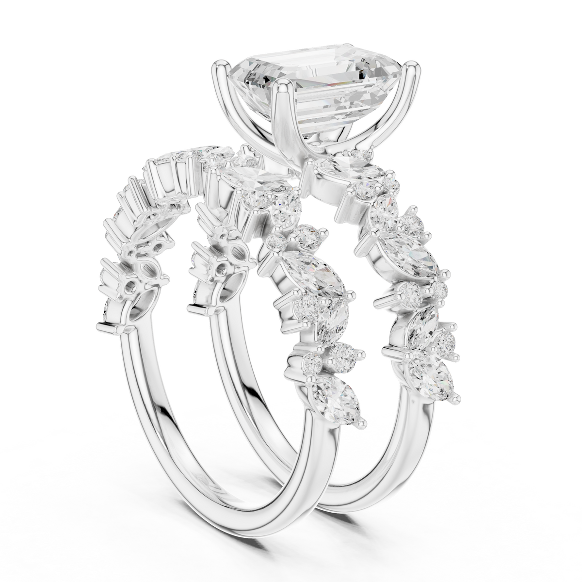 Emerald Cut Lab Grown Diamond Women's Marquise Cluster Bridal Ring Set - View 12