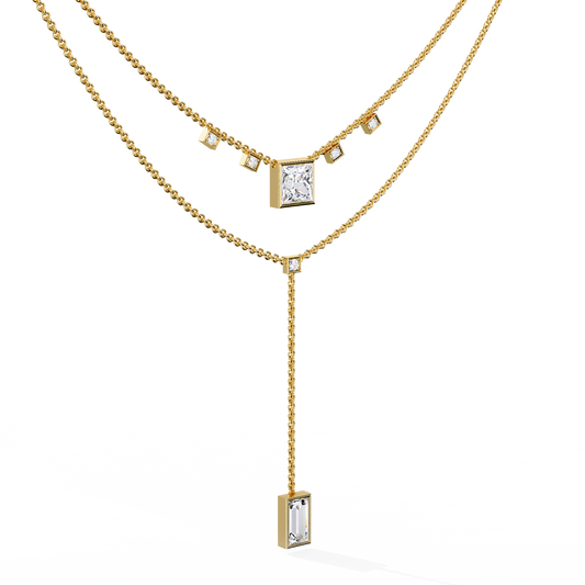 Two Layered Princess and Baguette Moissanite Diamond Lariat Necklace - View 2